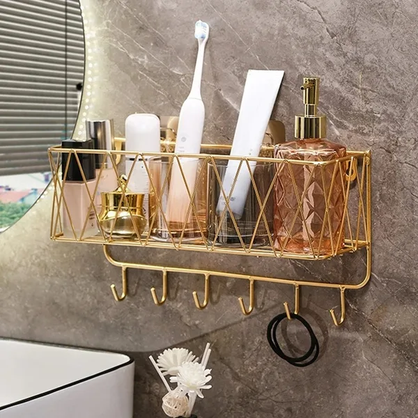 Shower Shelf Organizer Rack Bathroom Shelf No Drill Wall-Mounted Golden Iron Toiletries Storage Rack with Hook - JHC230L
