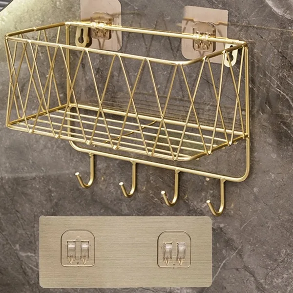 Shower Shelf Organizer Rack Bathroom Shelf No Drill Wall-Mounted Golden Iron Toiletries Storage Rack with Hook - JHC230L