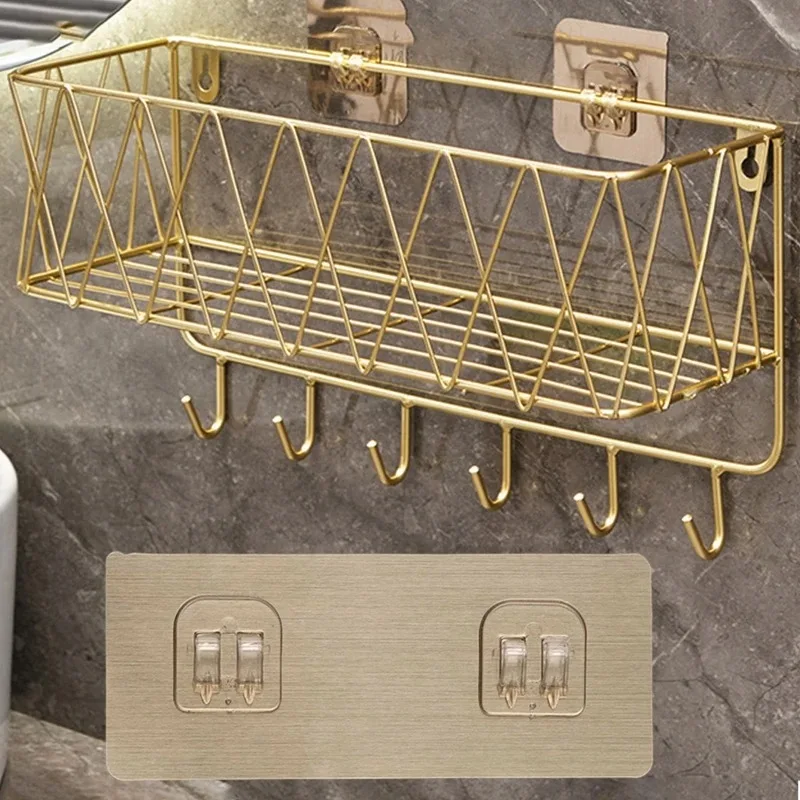 Shower Shelf Organizer Rack Bathroom Shelf No Drill Wall-Mounted Golden Iron Toiletries Storage Rack with Hook - JHC230L