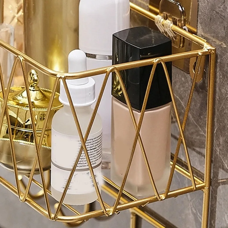 Shower Shelf Organizer Rack Bathroom Shelf No Drill Wall-Mounted Golden Iron Toiletries Storage Rack with Hook - JHC230L
