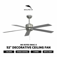 Dolphin Ceiling Fan 52" 5 MDF Blades 3 Speed Silver Decorative Fan Pull Chain Control ME-DCF52-5MAC-S