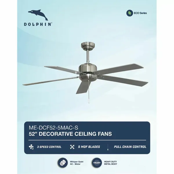 Dolphin Ceiling Fan 52" 5 MDF Blades 3 Speed Silver Decorative Fan Pull Chain Control ME-DCF52-5MAC-S