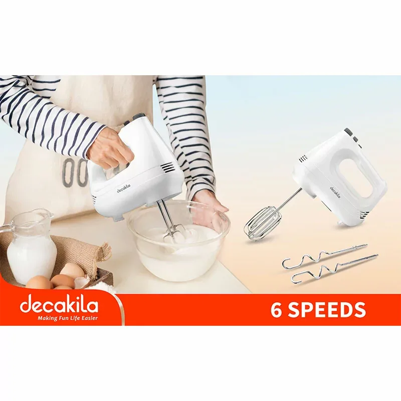 Decakila Hand Mixer 6 Speed with Turbo Function 200w Kemx001w 2 beaters for eggs and cream and 2 hooks for mixing dough stainless steel beaters and hooks