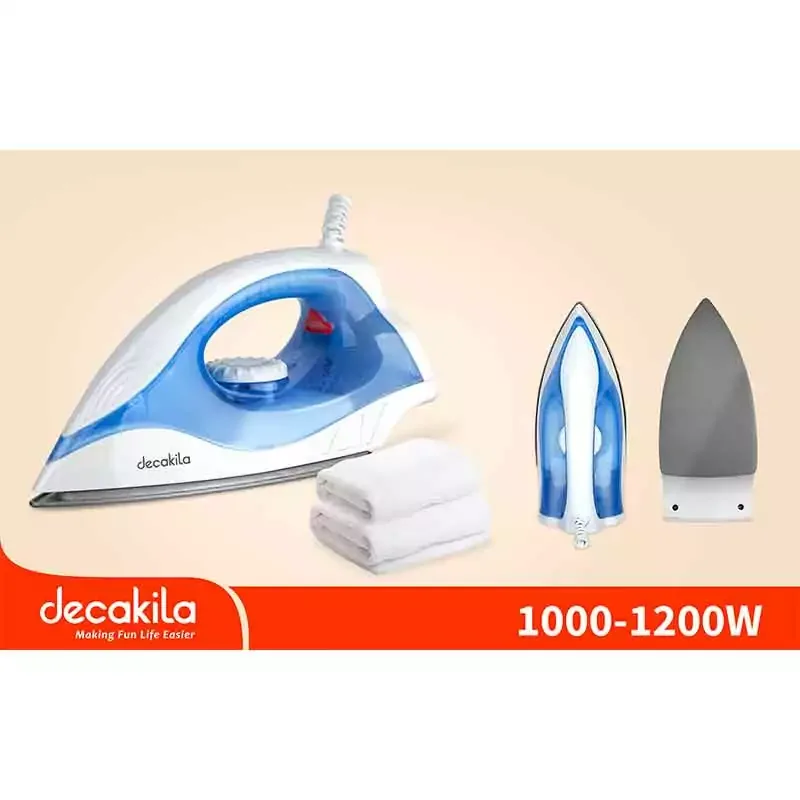 Decakila Dry Iron Teflon Soleplate Mechanical Temperature Control 1200w Keen018l 20 seconds preheat with auto off function 197x105mm plate size