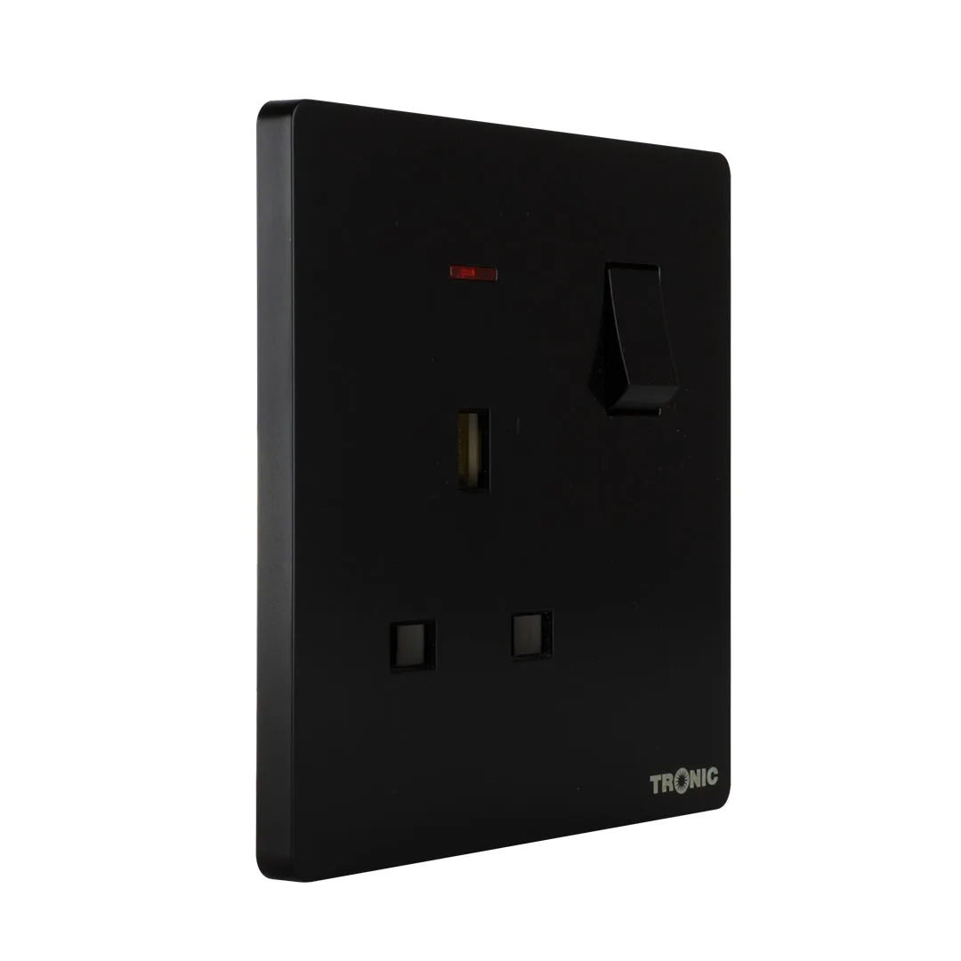 Tronic Black - Single Switch Socket With Neon
