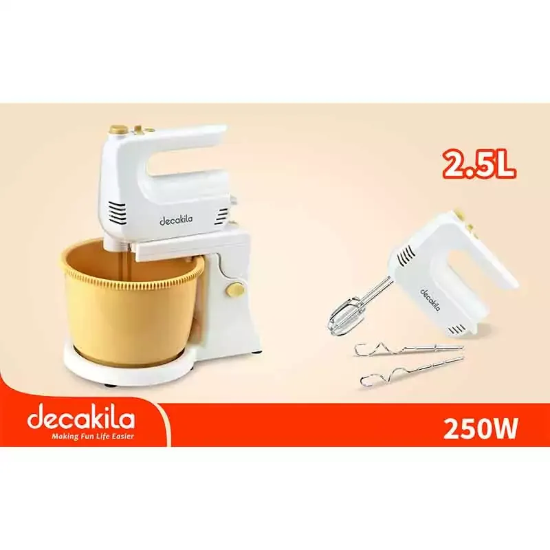 Decakila Kitchen Machine 2.5l Plastic Bowl 5 Speed with Turbo Function 250w Kemx020w liftable head white and gold steel beaters with hook knead or beat and mix