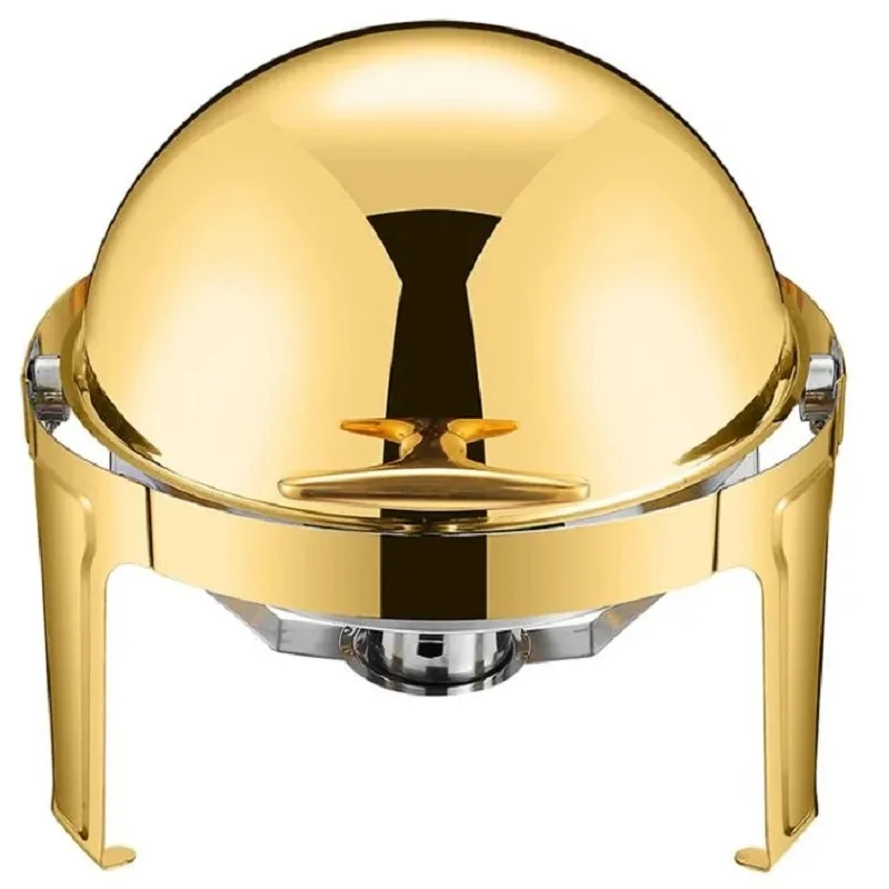 Commercial Kitchen Equipment Roll Top Round Golden Chafing Dish 6.0L, Luxury Gold Finish, Soft-Motion Lid DZW-G721