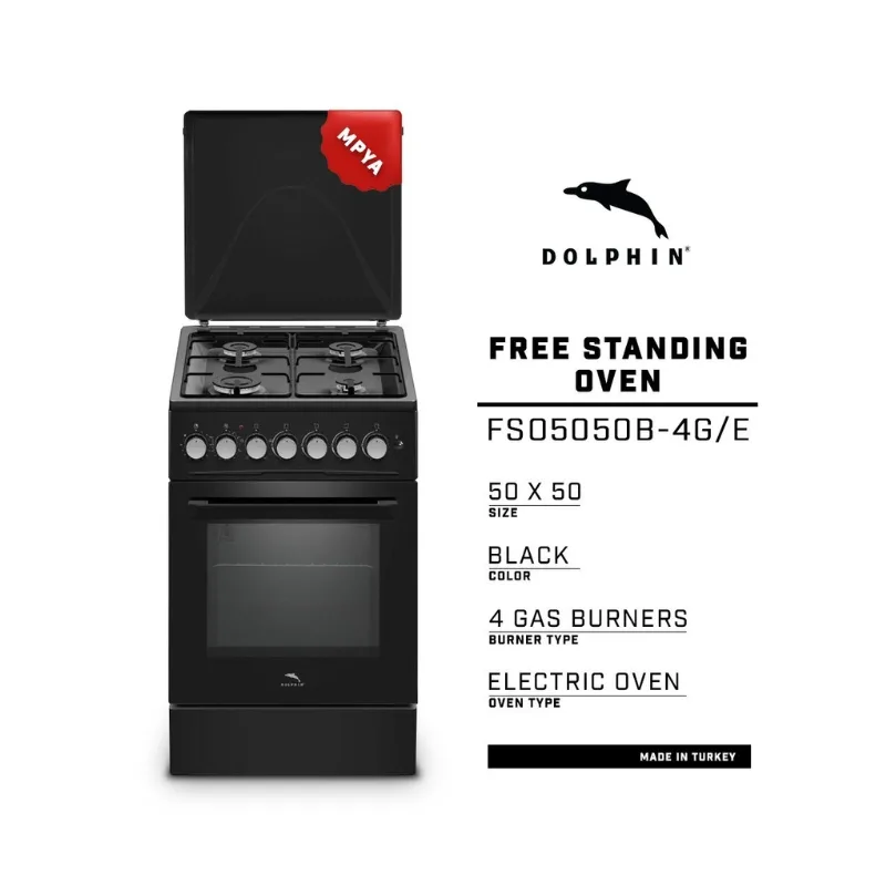 Dolphin Free Standing Cooking Range 50x50, 4 Gas Burners, Electric Oven, Black FS05050B-4G/E