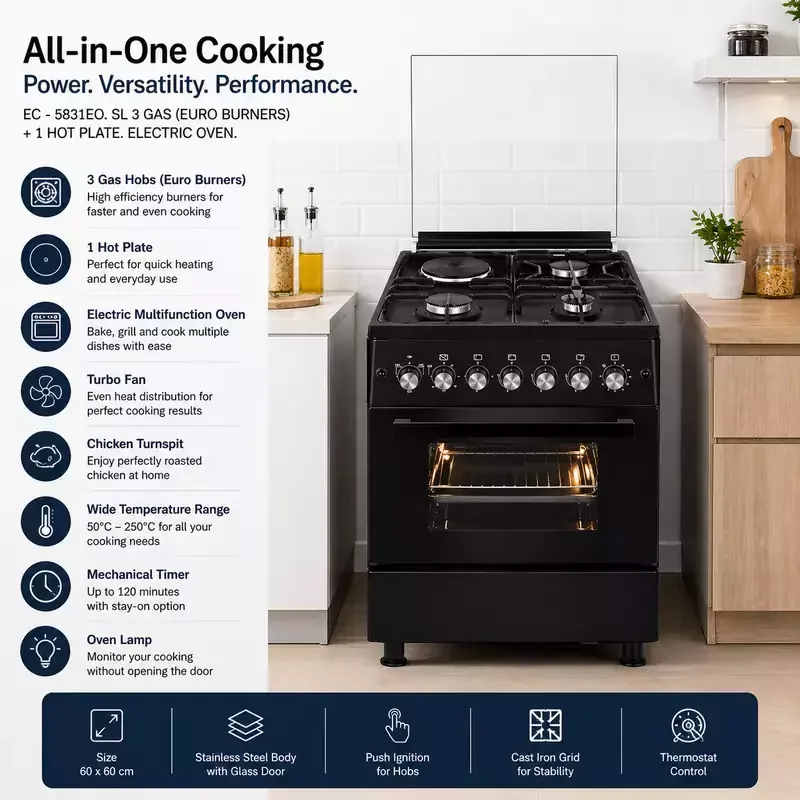 Evoq Standing Cooker 3 Gas Burners 1 Hot Plate Electric Oven Black 58x58cm EC-5831EO. BL