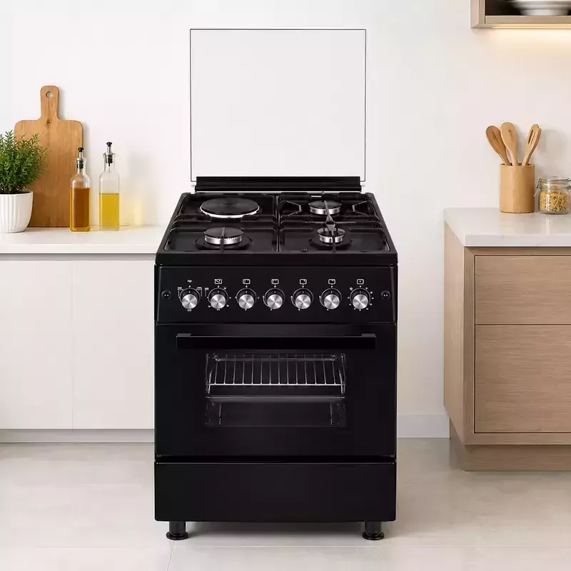 Evoq Standing Cooker 3 Gas Burners 1 Hot Plate Electric Oven Black 58x58cm EC-5831EO. BL