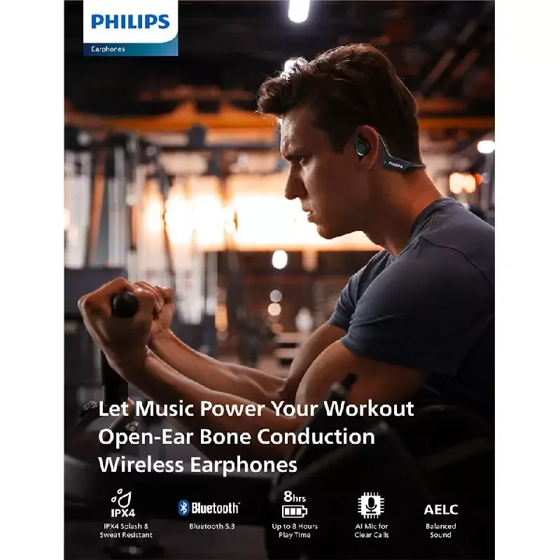 Philips OpenEar True Wireless Sports Headphones, 8H Playtime, IPX4 Splash/Sweat Protection, Clear Call Quality TAA1708YL/97