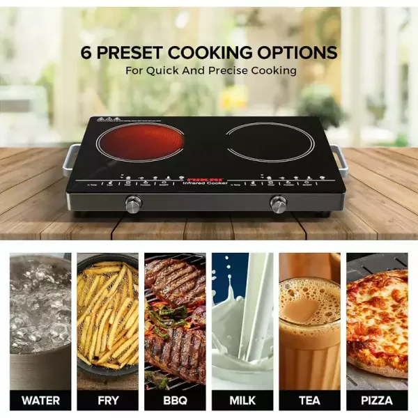 Nikai Infrared Cooker Dual Burner 2000W, 6 Preset Cooking Modes, Touch Control, LED Display, Black NIC303A