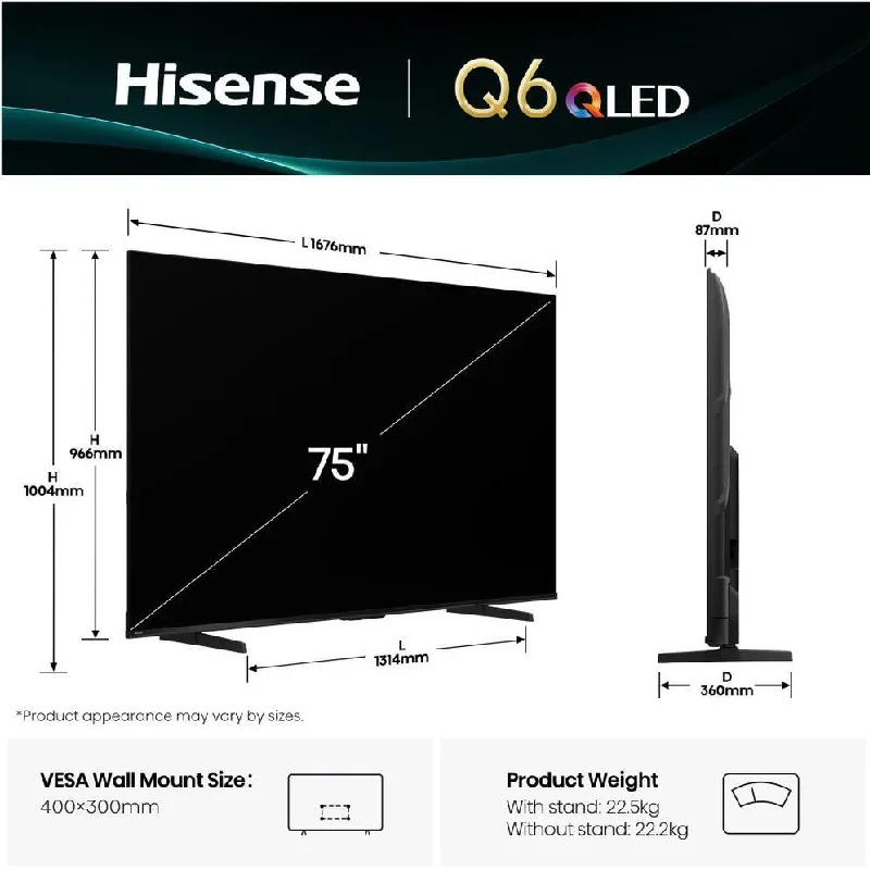 Hisense 75" LED QLED UHD 4K Smart TV with QLED Colour, Dolby Vision & Atmos, AI Smooth Motion, Game Mode, Vidaa OS 75Q6Q