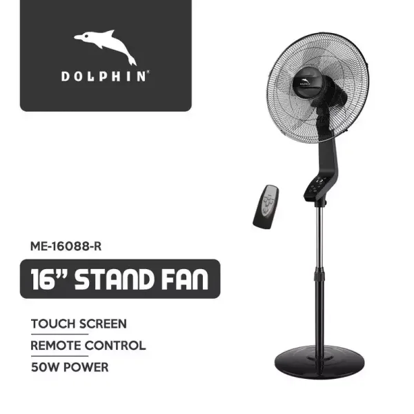 Dolphin Stand Fan - 16", 50W with Timer & Speed Settings, Plastic Blades, Remote Control and Touch Screen, ME-16088