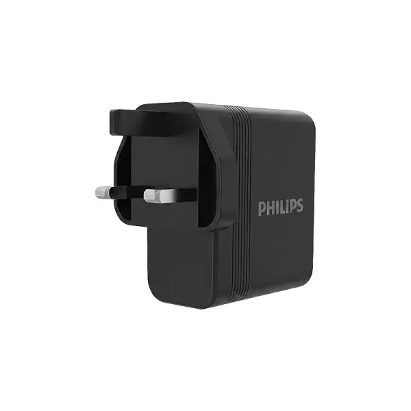 Philips Wall Charger 100W with GaN & PD Technology, Quick Charge, Smart Protection, USB C & USB A Ports, UK Socket DLP6332CB/12