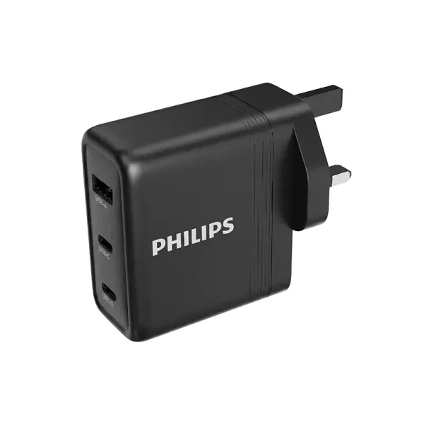 Philips Wall Charger 100W with GaN & PD Technology, Quick Charge, Smart Protection, USB C & USB A Ports, UK Socket DLP6332CB/12