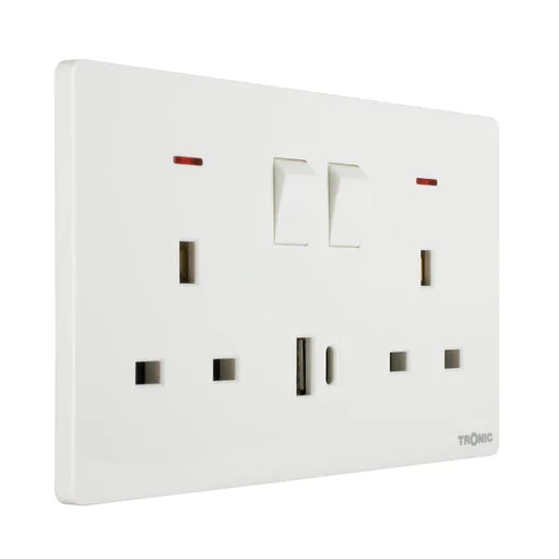Tronic Glossy White - Twin Switch Socket with USB + Type C