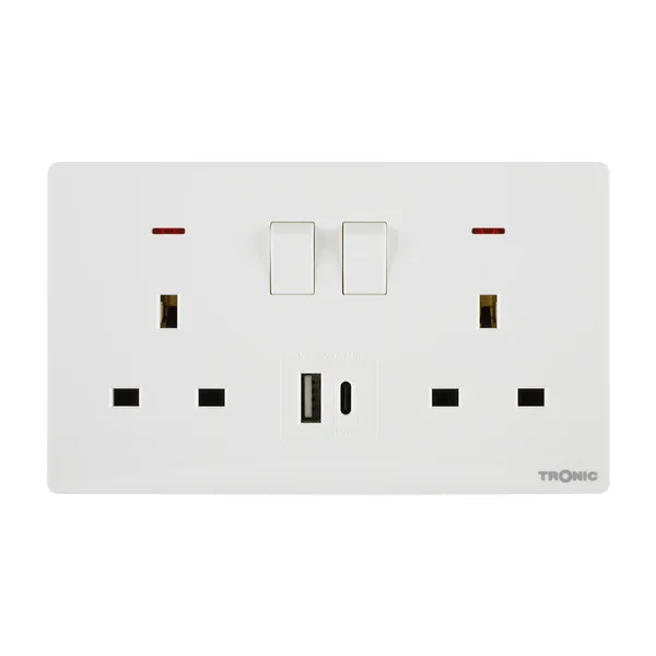 Tronic Glossy White - Twin Switch Socket with USB + Type C