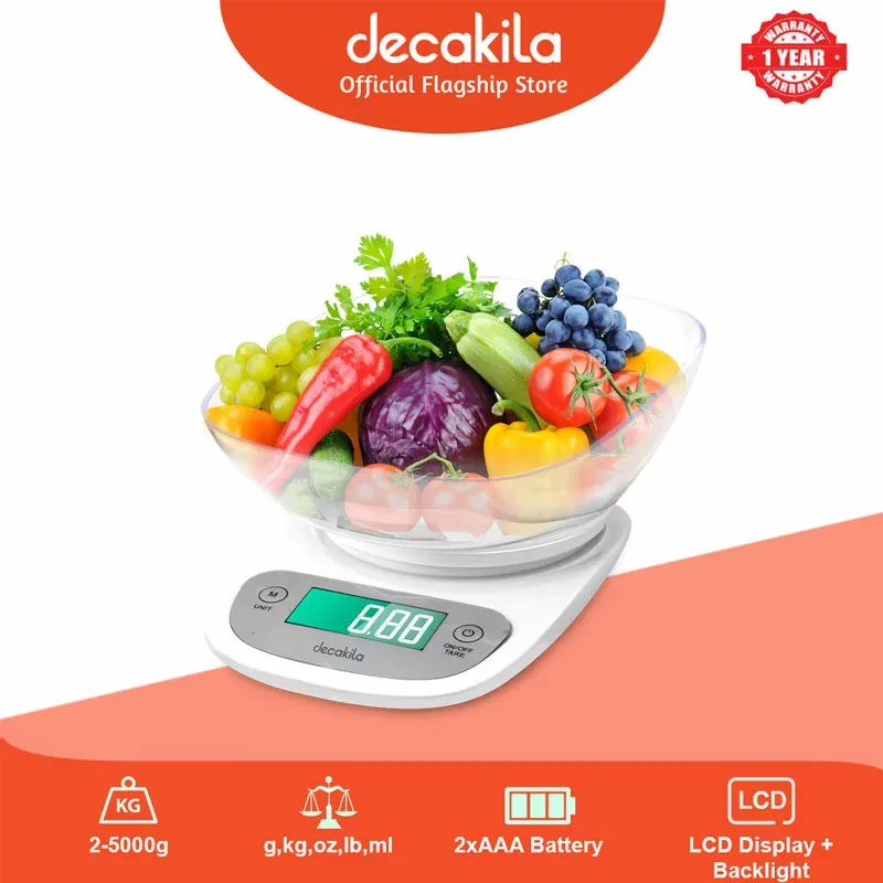 Decakila Kitchen Scale Electronic 5kg Capacity Glass Kmtt092w display lcd with back light 12.5cm plate diametre low battery alarm with indicator