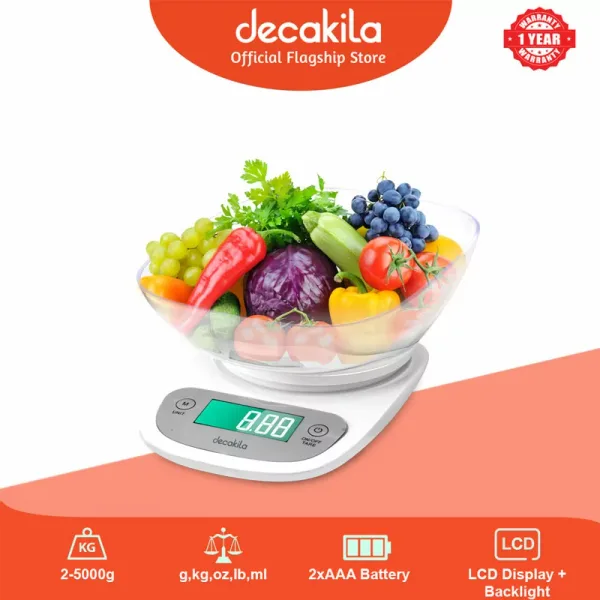 Decakila Kitchen Scale Electronic 5kg Capacity Glass Kmtt092w display lcd with back light 12.5cm plate diametre low battery alarm with indicator