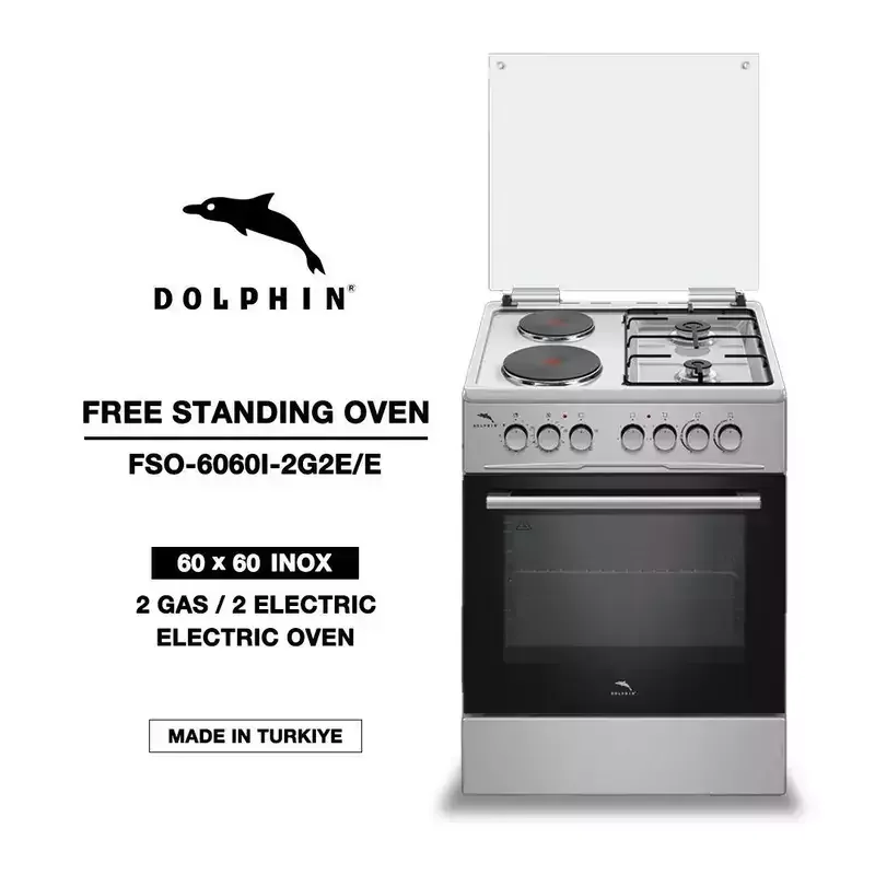 Dolphin Free Standing Cooking Range 60x60, 2 Gas Burners, 2 Electric Hot Plate & Electric Oven, Inox FS06060I-2G2E/E