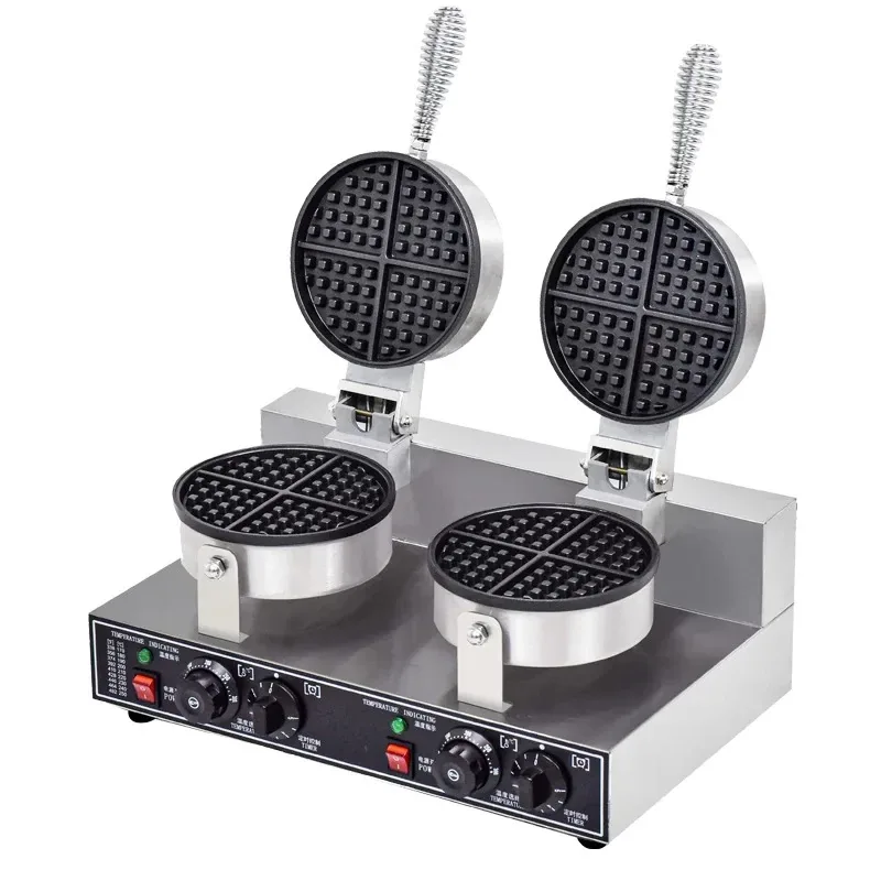 Commercial Electric Double-Plate Waffle Baker, 2.4kW Professional Dual Round Waffle Maker, Industrial Heavy-Duty Belgian Waffle Machine WG-HF-2R
