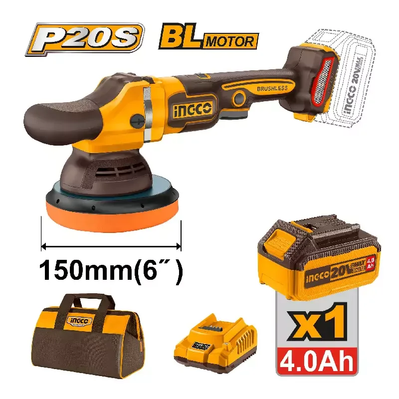Ingco Cordless Polisher 20V with Brushless Motor, Variable Speed Control, Polishing Bonnet, Battery & Charger APLI20151