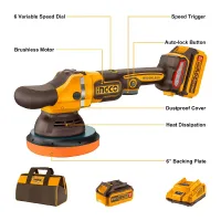 Ingco Cordless Polisher 20V with Brushless Motor, Variable Speed Control, Polishing Bonnet, Battery & Charger APLI20151