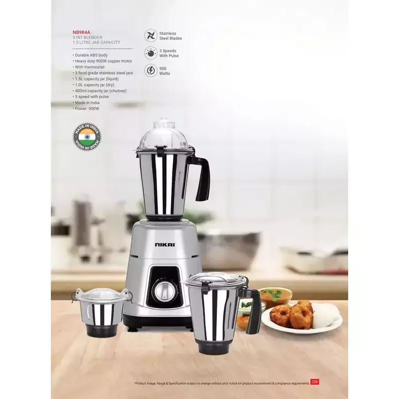 Nikai Blender Mixer Grinder 750W 3 in 1 Stainless Steel 18000 RPM Turbo Motor, Durable ABS Body, Stainless Steel Blade & Jars, 3 Speeds + Pulse, Perfect for Dry & Wet Fine Grinding, Mixing & Juicing Made in India NB984A