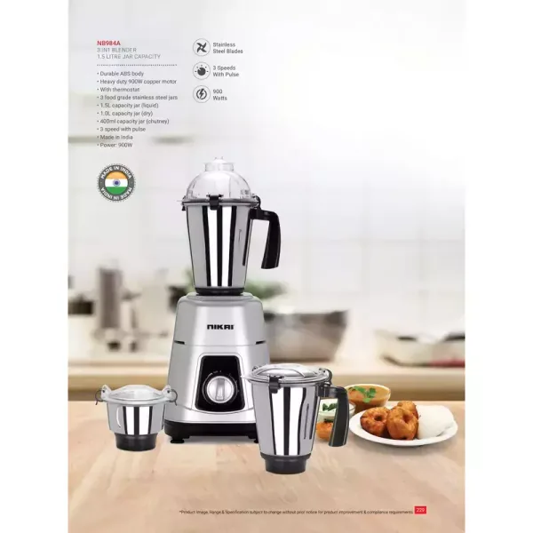 Nikai Blender Mixer Grinder 750W 3 in 1 Stainless Steel 18000 RPM Turbo Motor, Durable ABS Body, Stainless Steel Blade & Jars, 3 Speeds + Pulse, Perfect for Dry & Wet Fine Grinding, Mixing & Juicing Made in India NB984A