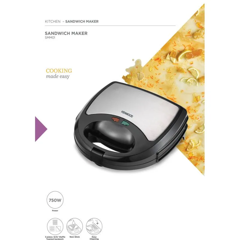 Kenwood Sandwich Toaster 2 Slice 3 in 1 Waffle Grill and Sandwich 750w Smm01.A0bk - Nonstick Grill Plates Cool Touch Handle Detachable Plates Light Indicator