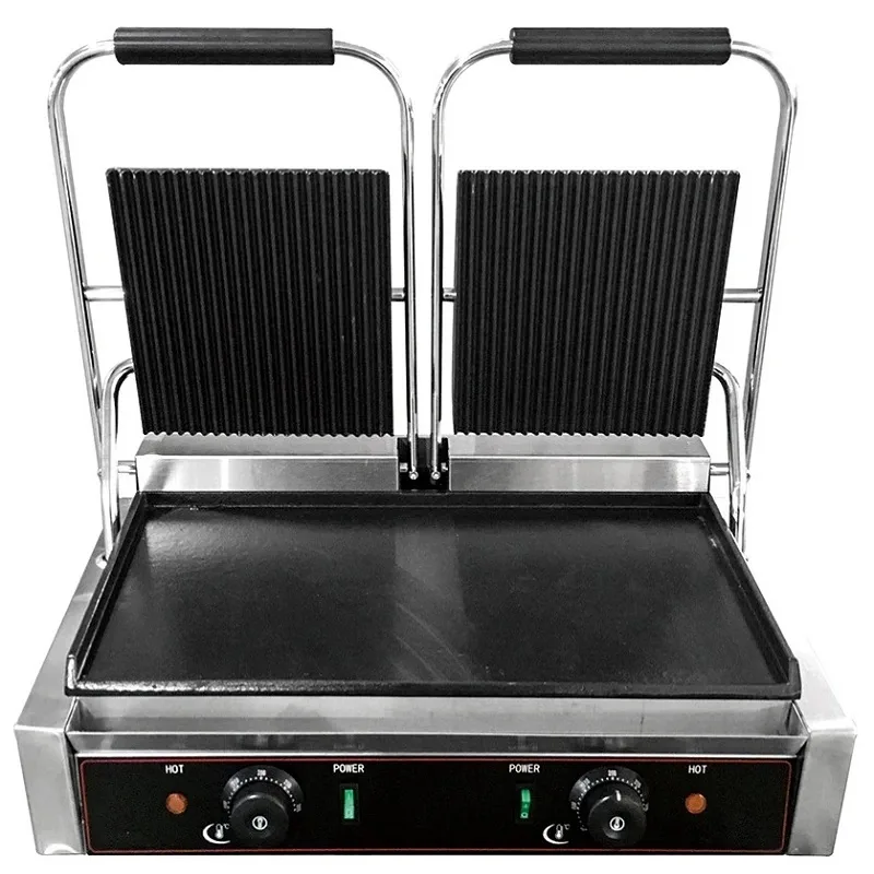 Commercial Dual Electric Contact Grill, 3.6kW Mixed Plate System (Down Flat), Professional Stainless Steel Press HEG-813A