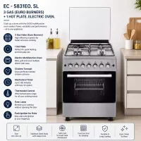 Evoq Standing Cooker 3 Gas Burners 1 Hot Plate Electric Oven Black 58x58cm EC-5831EO. SL