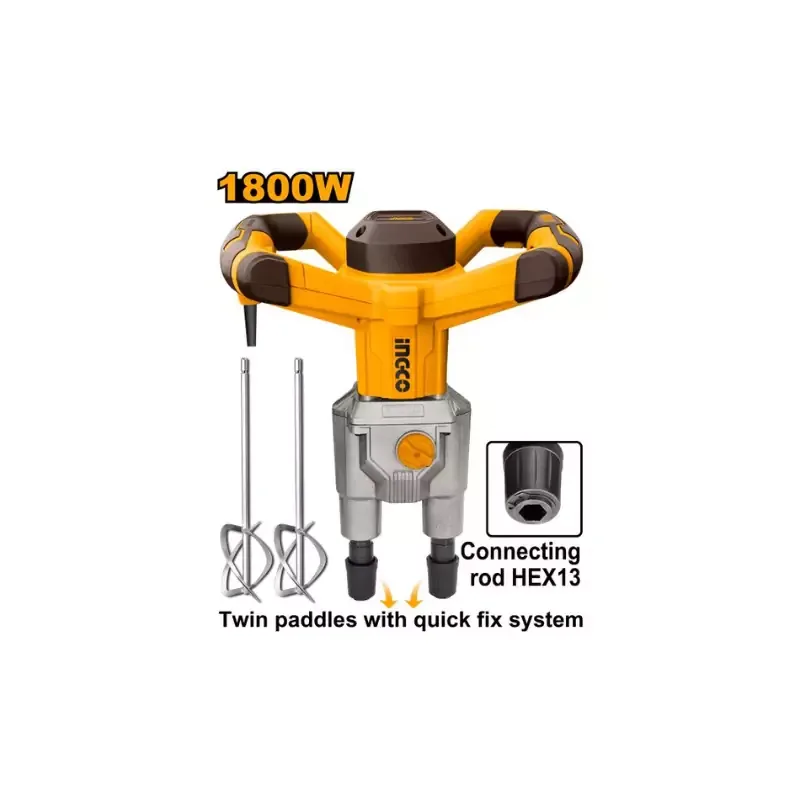Ingco Electric Paint Mixer 1600W with 2pcs Mixing Pads 1 Set Extra Carbon Brushes MX218008