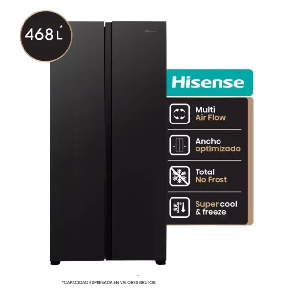 Hisense Slim Side by Side Fridge 468L, Multi Air Flow, Total No Frost, Super Freeze, Black RS3N428NAB