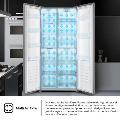 Hisense Slim Side by Side Fridge 468L, Multi Air Flow, Total No Frost, Super Freeze, Black RS3N428NAB