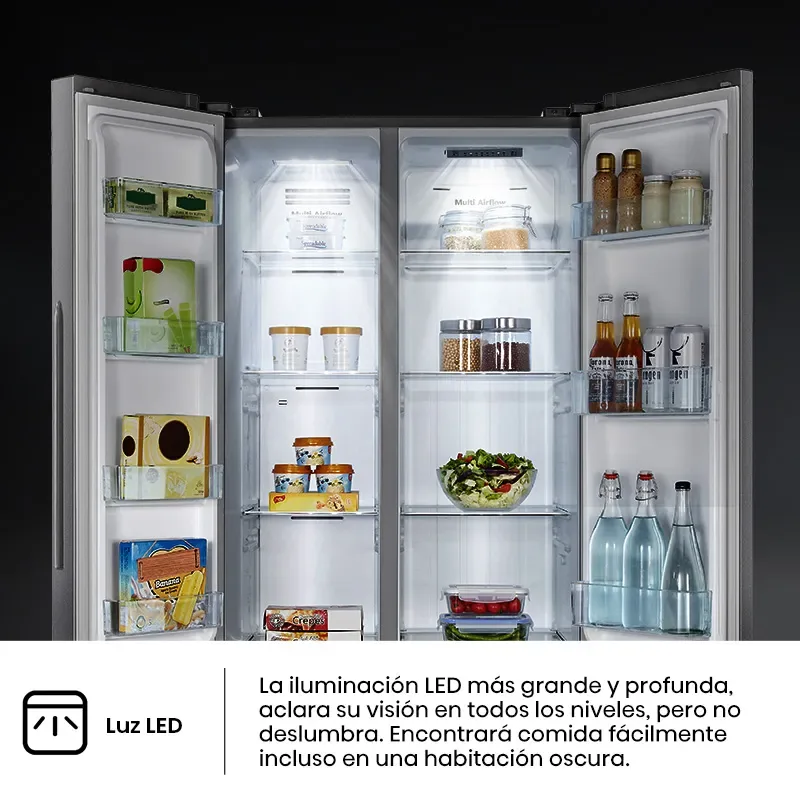 Hisense Slim Side by Side Fridge 468L, Multi Air Flow, Total No Frost, Super Freeze, Black RS3N428NAB