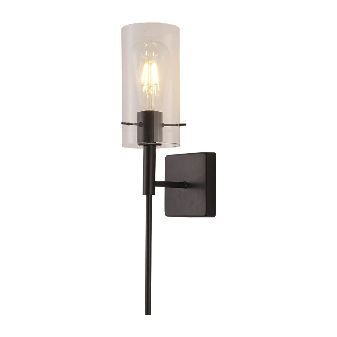 Tronic Decorative Wall Light - Black Frame with Clear Glass Cylinder Shade