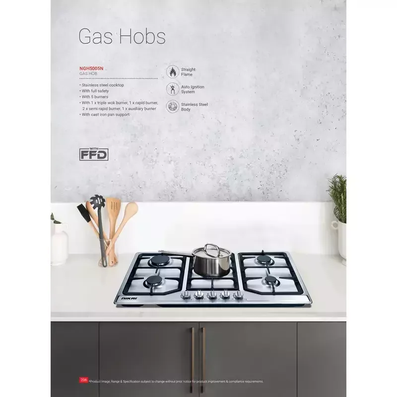Nikai Gas Cooker 5 Burner Steel Built in Hob 800x500x120 NGH5005N Stainless Steel Auto Ignition System With Cast Iron Pan Support Straight Flame