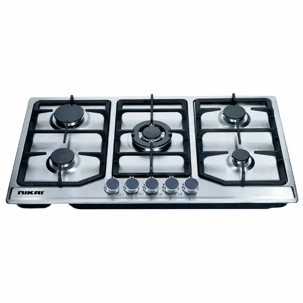 Nikai Gas Cooker 5 Burner Steel Built in Hob 800x500x120 NGH5005N Stainless Steel Auto Ignition System With Cast Iron Pan Support Straight Flame