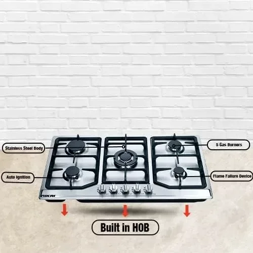 Nikai Gas Cooker 5 Burner Steel Built in Hob 800x500x120 NGH5005N Stainless Steel Auto Ignition System With Cast Iron Pan Support Straight Flame