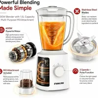 Nikai Blender 1.5L 600W, Plastic Jug with Dry Grinder, 2-Speed, Pulse Control, Stainless Steel, White NB1600TX