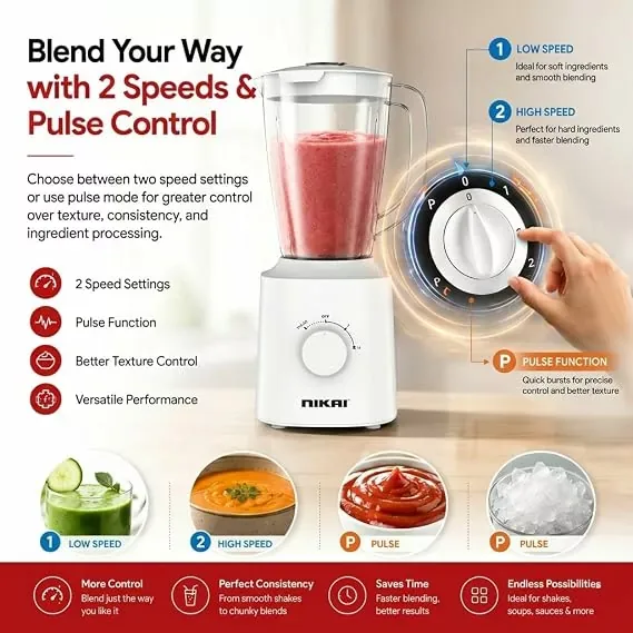 Nikai Blender 1.5L 600W, Plastic Jug with Dry Grinder, 2-Speed, Pulse Control, Stainless Steel, White NB1600TX