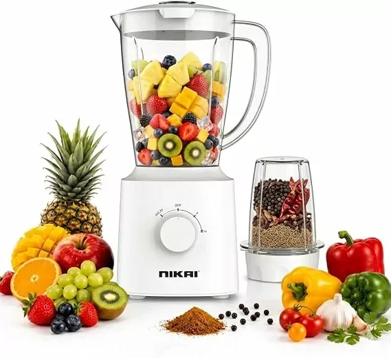 Nikai Blender 1.5L 600W, Plastic Jug with Dry Grinder, 2-Speed, Pulse Control, Stainless Steel, White NB1600TX