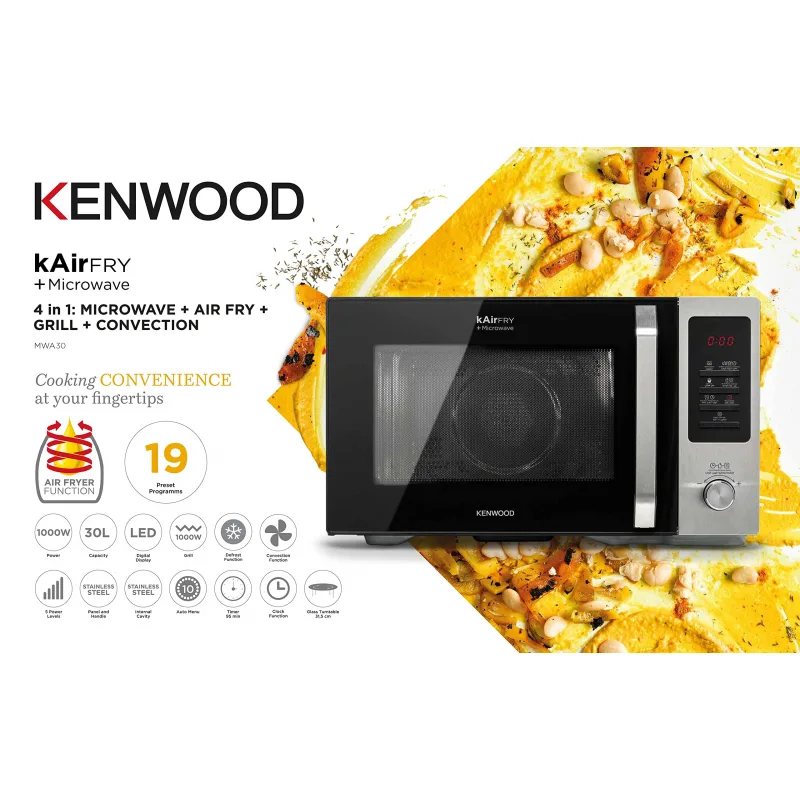 Kenwood Microwave 30l Digital 5 Power Levels with Airfryer 1000w Mwa30.000bk - 95 Mins Timer Defrost Settings Glass Turntable 31.5Cm Pull Handle Door