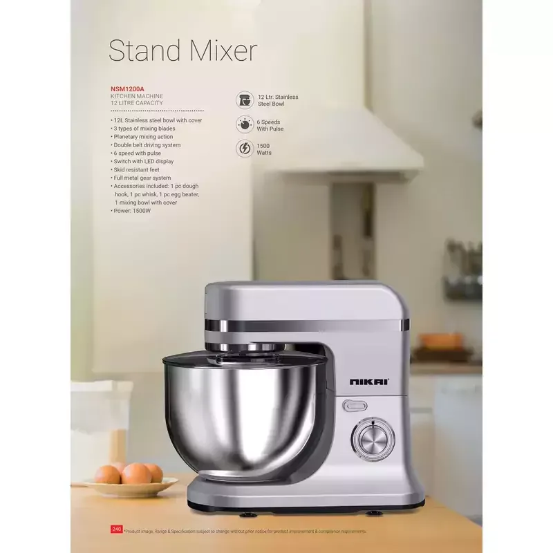 Nikai Kitchen Machine 12L Steel Bowl With Cover 1500W NSM1200A Switch With Led Display Metal Gear 3 Blades Whisk, Dough Hook & Beater 6 Speed With Pulse