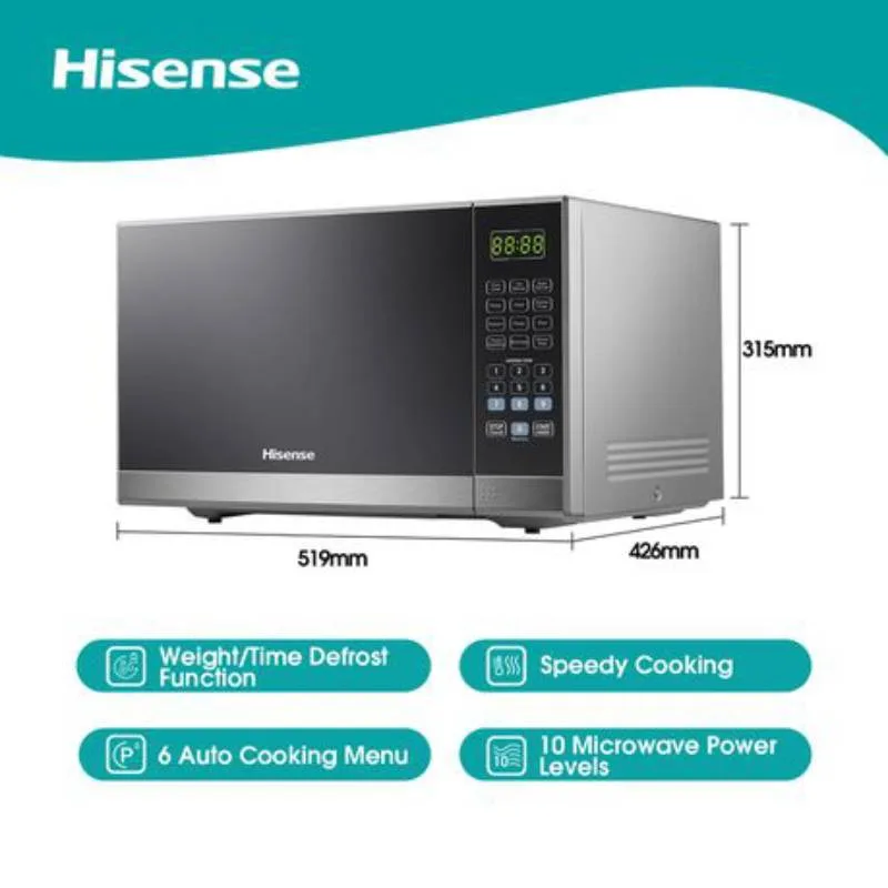 Hisense Microwave 36L 1000W Solo Digital, 10 Power Level, Defrost, Push Button, Mirror Finish H36MOMMI