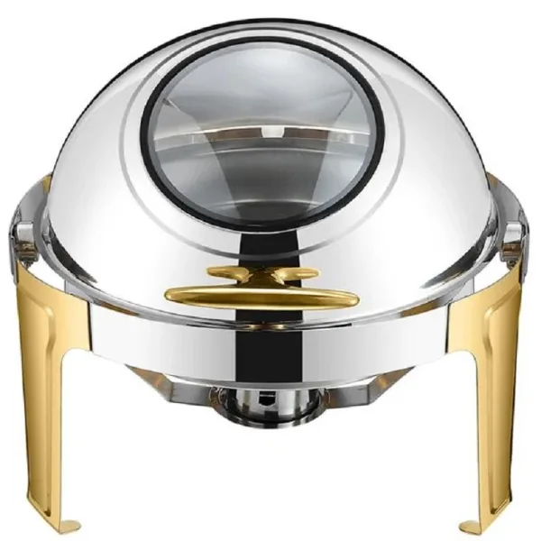 Commercial Kitchen Equipment Roll Top Round Half-Golden Chafing Dish 6.0L, Glass Viewing Window, Luxury Two-Tone DZW-KH721