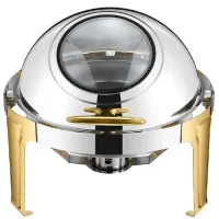 Commercial Kitchen Equipment Roll Top Round Half-Golden Chafing Dish 6.0L, Glass Viewing Window, Luxury Two-Tone DZW-KH721
