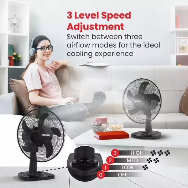 Nikai Table Fan 12 Inch 30W, 5-Blade, 3-Speed, Oscillation Tilt, Control Quiet, Energy Efficient, Black NTF1206RC